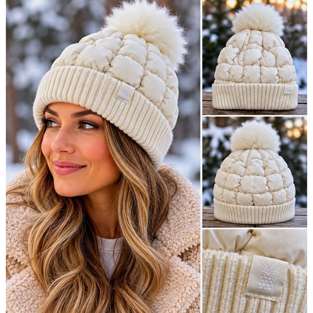 Simply Southern White Knit Polyester Acrylic Pom-Pom Beanie Hat One Size